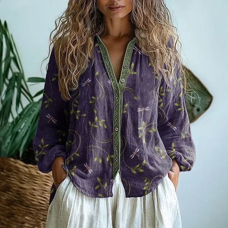 Brianna | Elegant Vintage Leaf Print Shirt