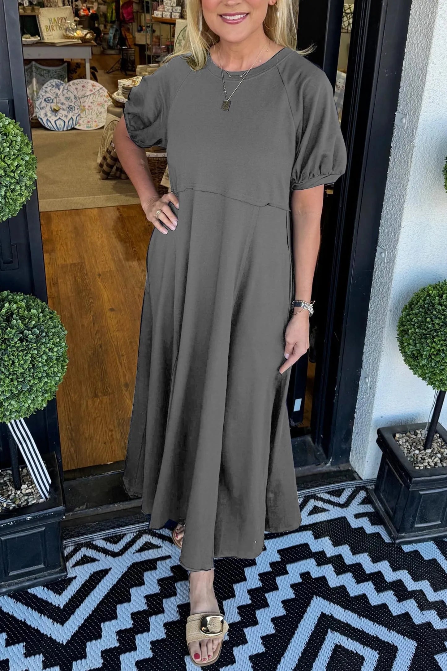 Haisley | Puff Sleeve Round Neck Maxi Dress