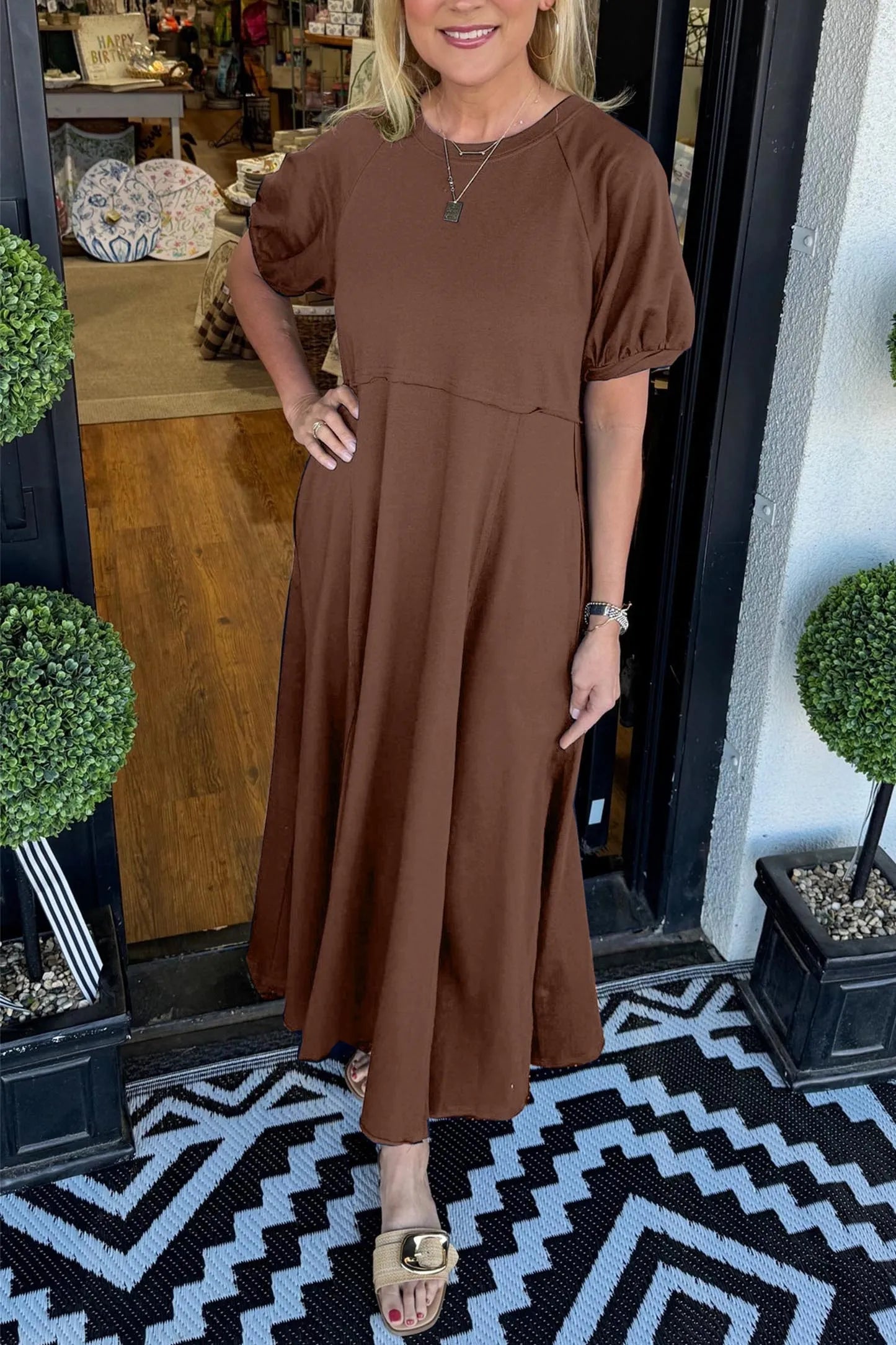 Haisley | Puff Sleeve Round Neck Maxi Dress