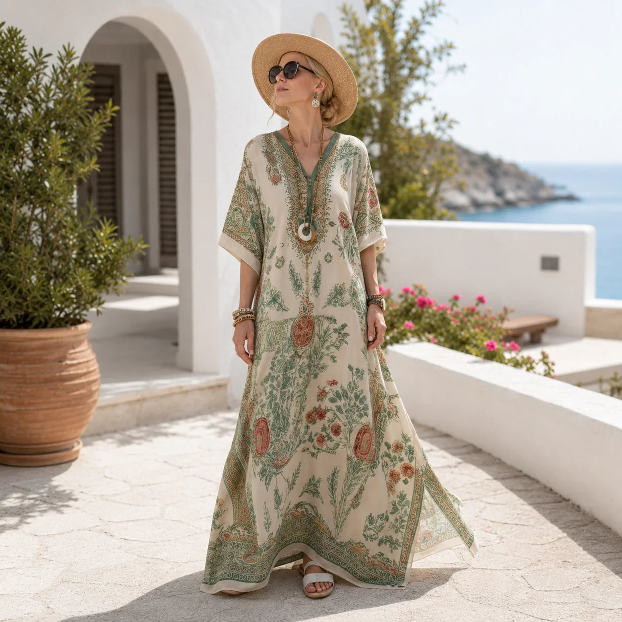 Women’s V Neck Kaftan Maxi Dress – Loose Fit Summer Beach Holiday Dress with Pockets