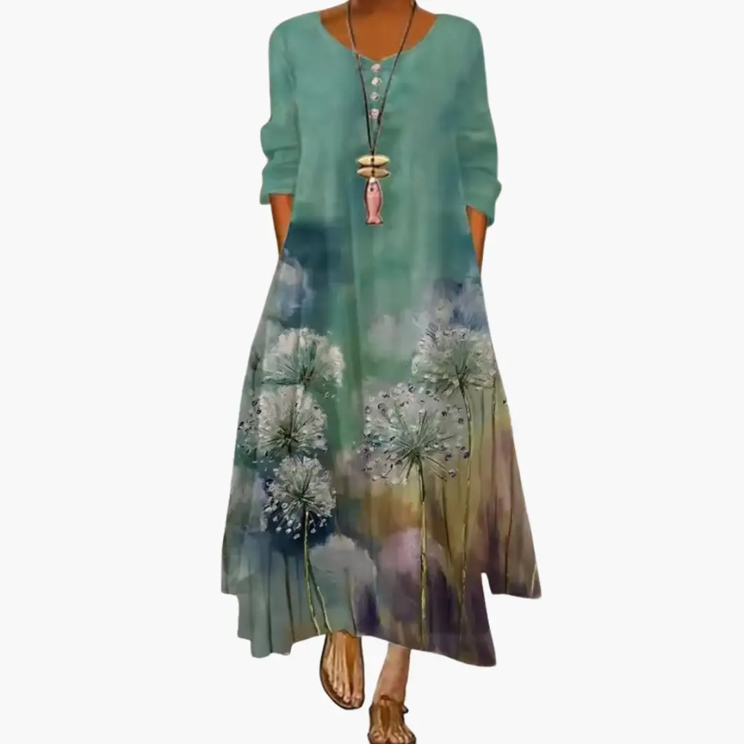 Women’s Long Sleeve Dress with Round Neckline and Side Pockets