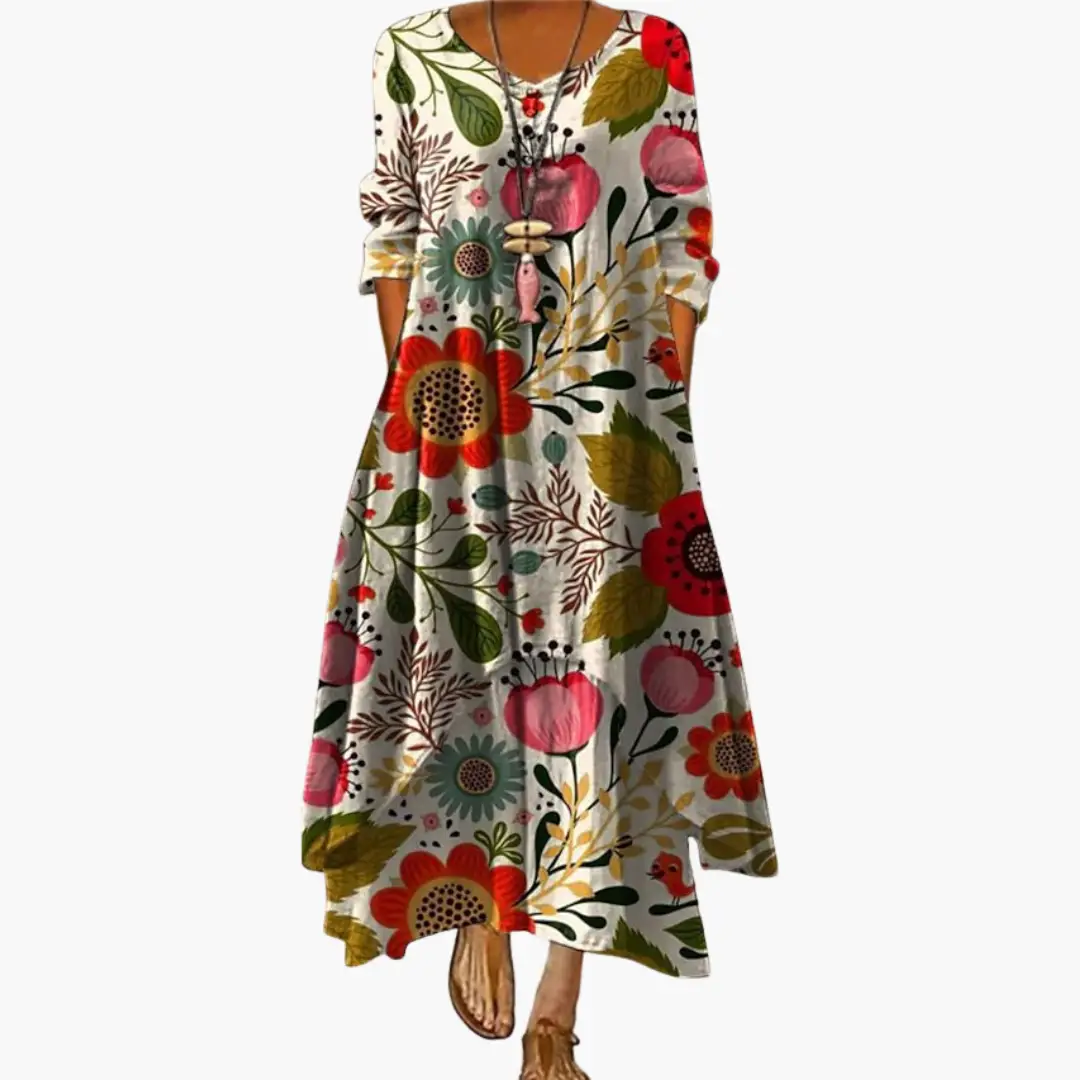 Women’s Long Sleeve Dress with Round Neckline and Side Pockets