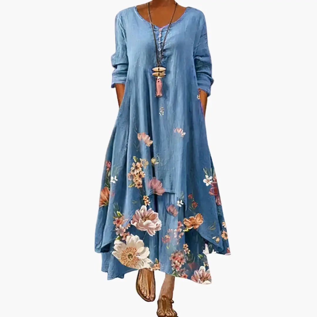 Women’s Long Sleeve Dress with Round Neckline and Side Pockets