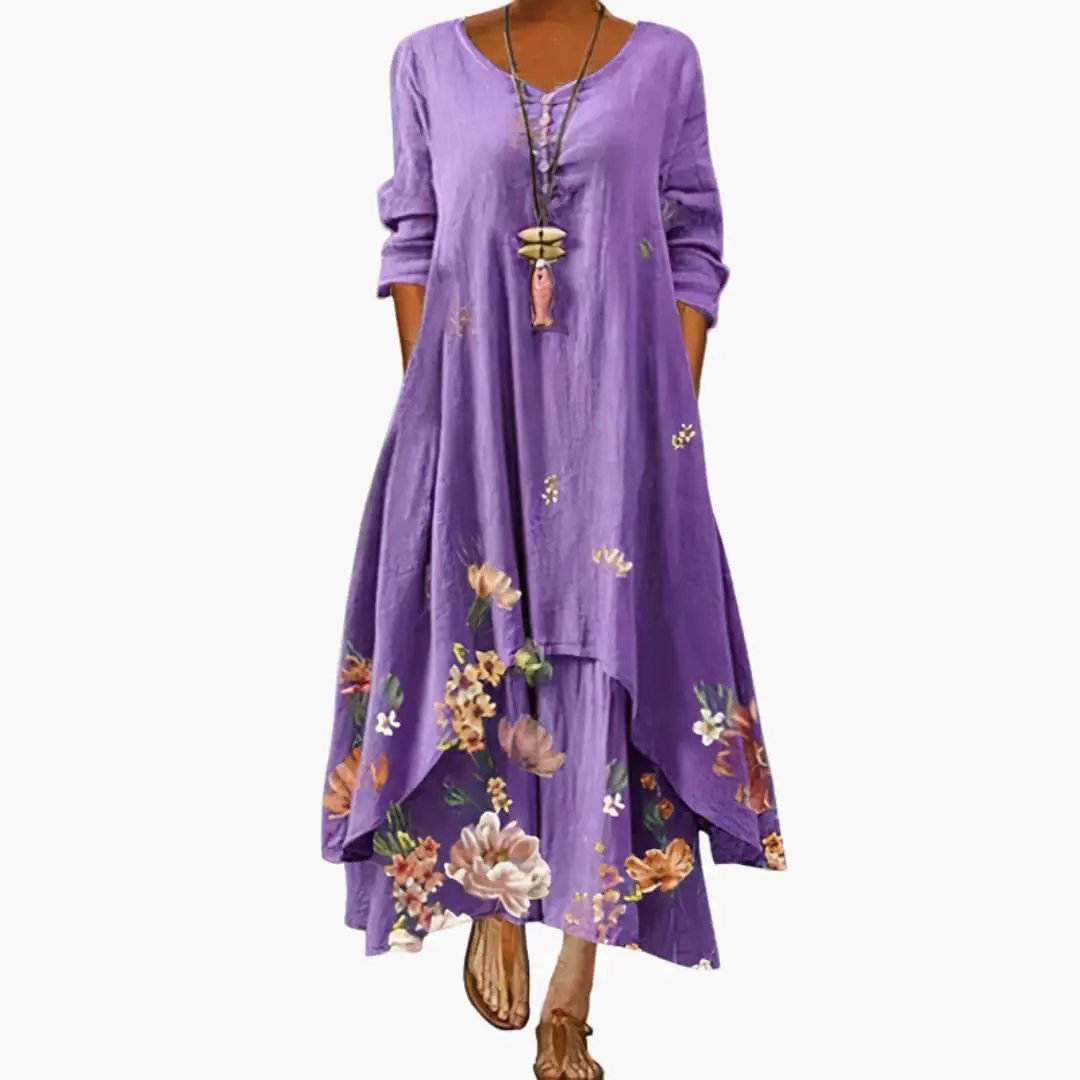 Women’s Long Sleeve Dress with Round Neckline and Side Pockets