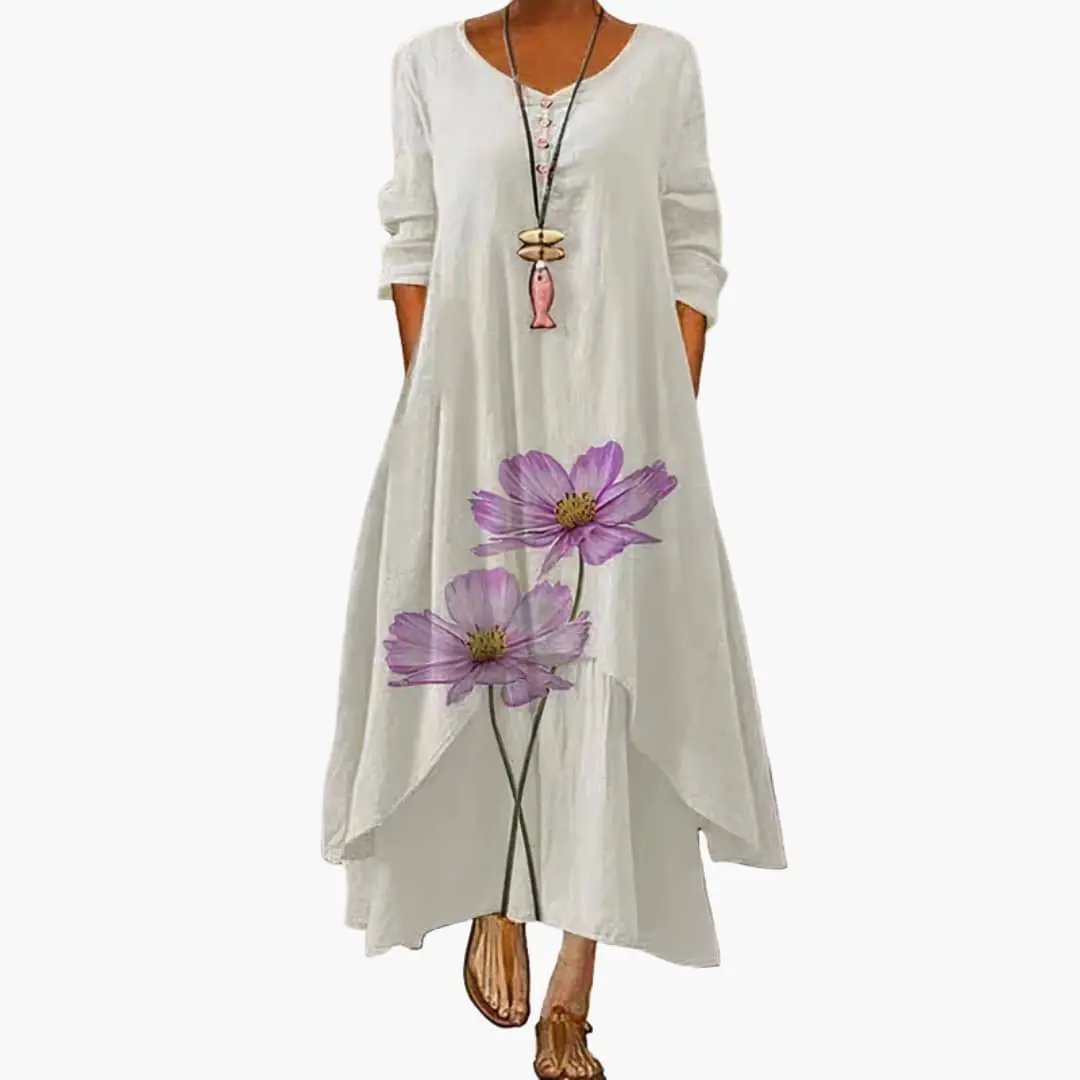 Women’s Long Sleeve Dress with Round Neckline and Side Pockets