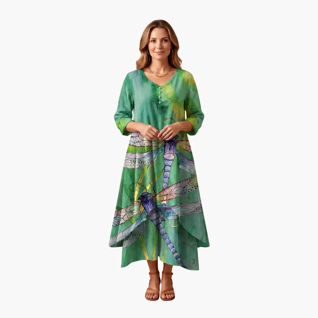 Women’s Long Sleeve Dress with Round Neckline and Side Pockets