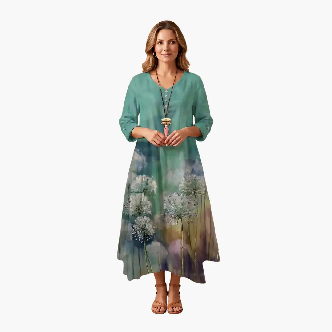 Women’s Long Sleeve Dress with Round Neckline and Side Pockets