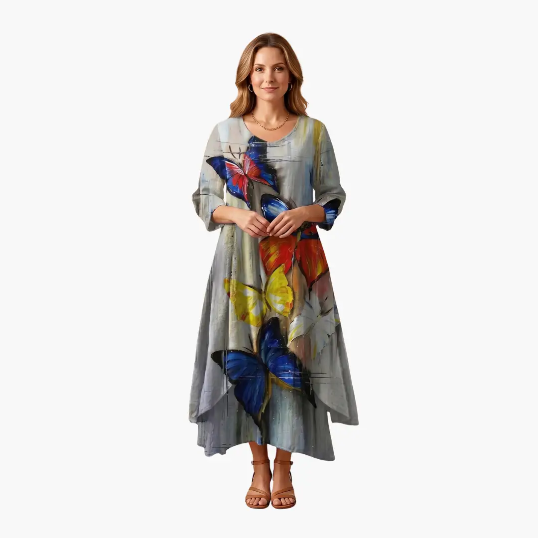 Women’s Long Sleeve Dress with Round Neckline and Side Pockets