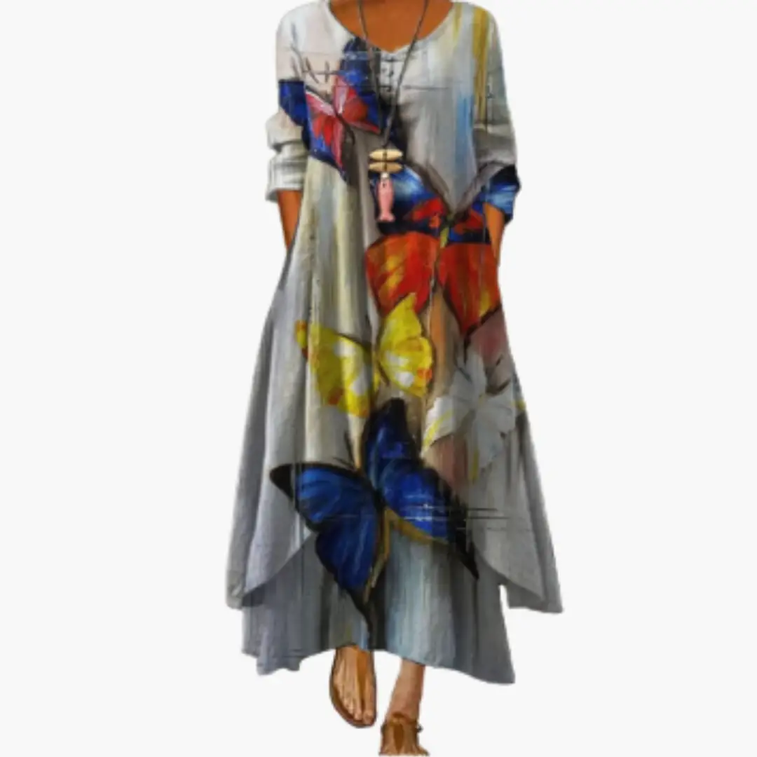 Women’s Long Sleeve Dress with Round Neckline and Side Pockets
