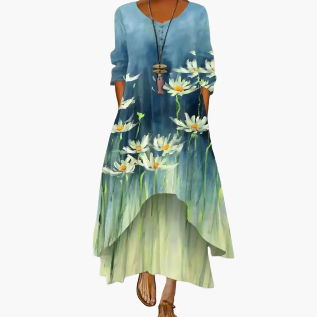 Women’s Long Sleeve Dress with Round Neckline and Side Pockets