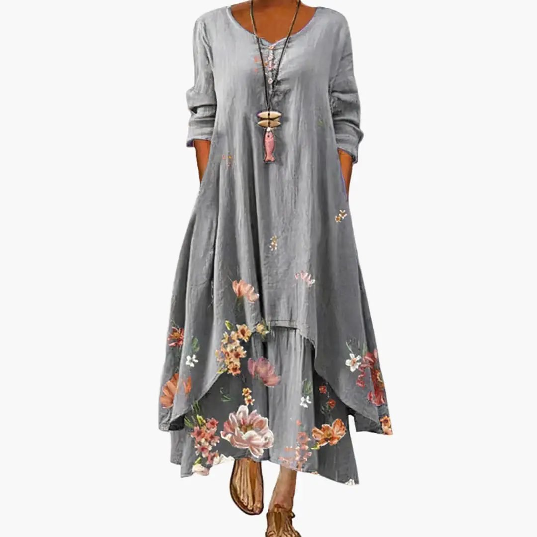 Women’s Long Sleeve Dress with Round Neckline and Side Pockets