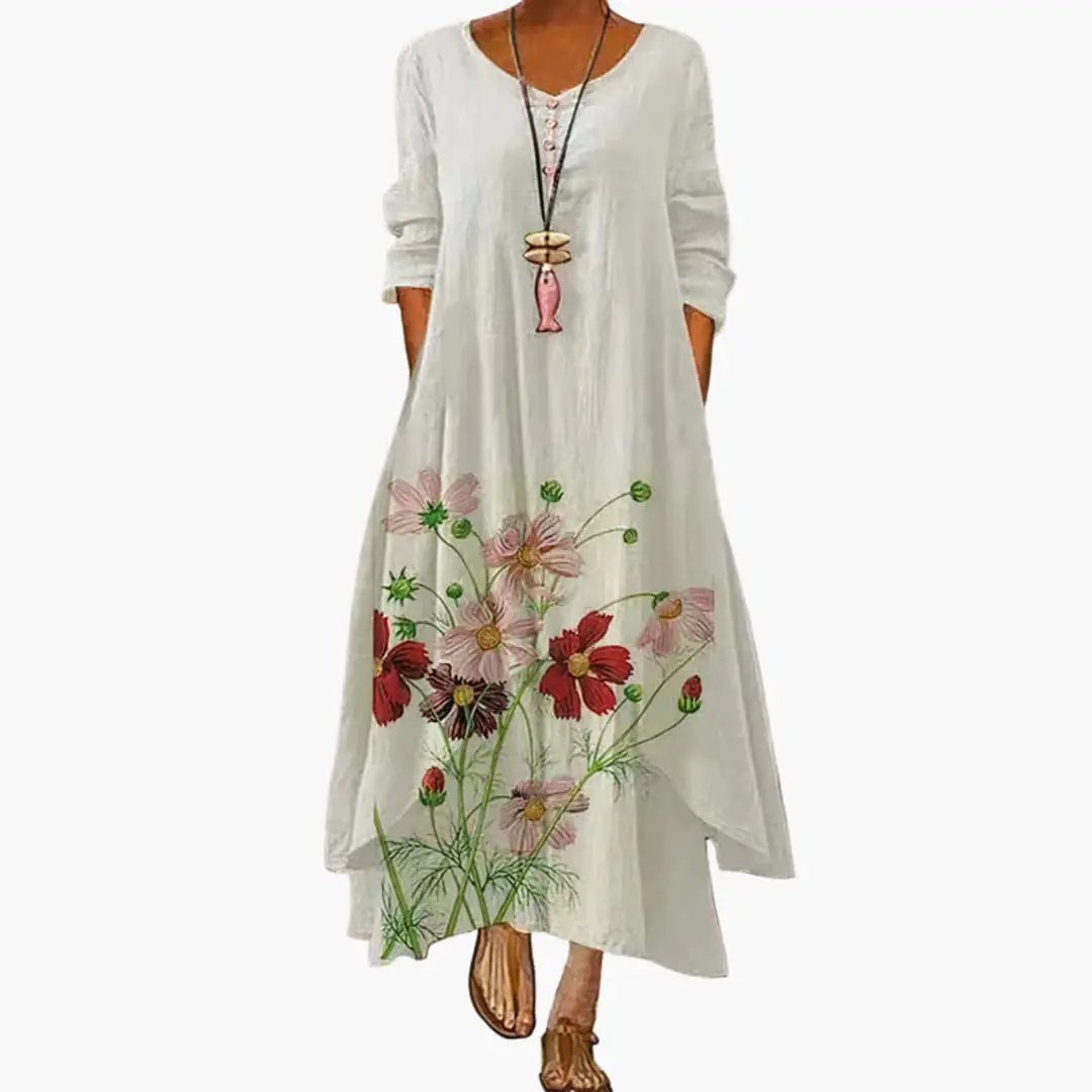 Women’s Long Sleeve Dress with Round Neckline and Side Pockets