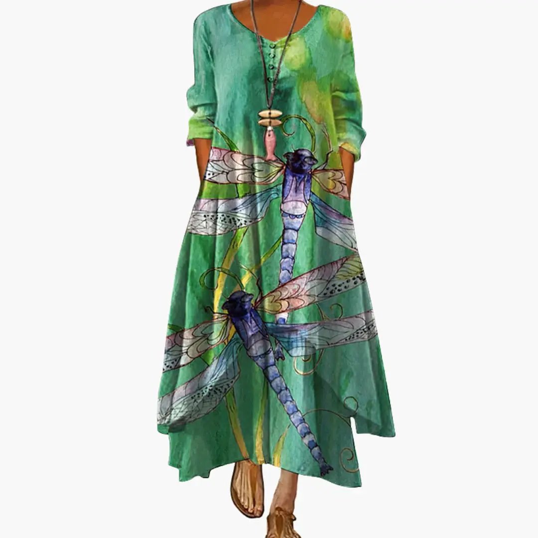 Women’s Long Sleeve Dress with Round Neckline and Side Pockets