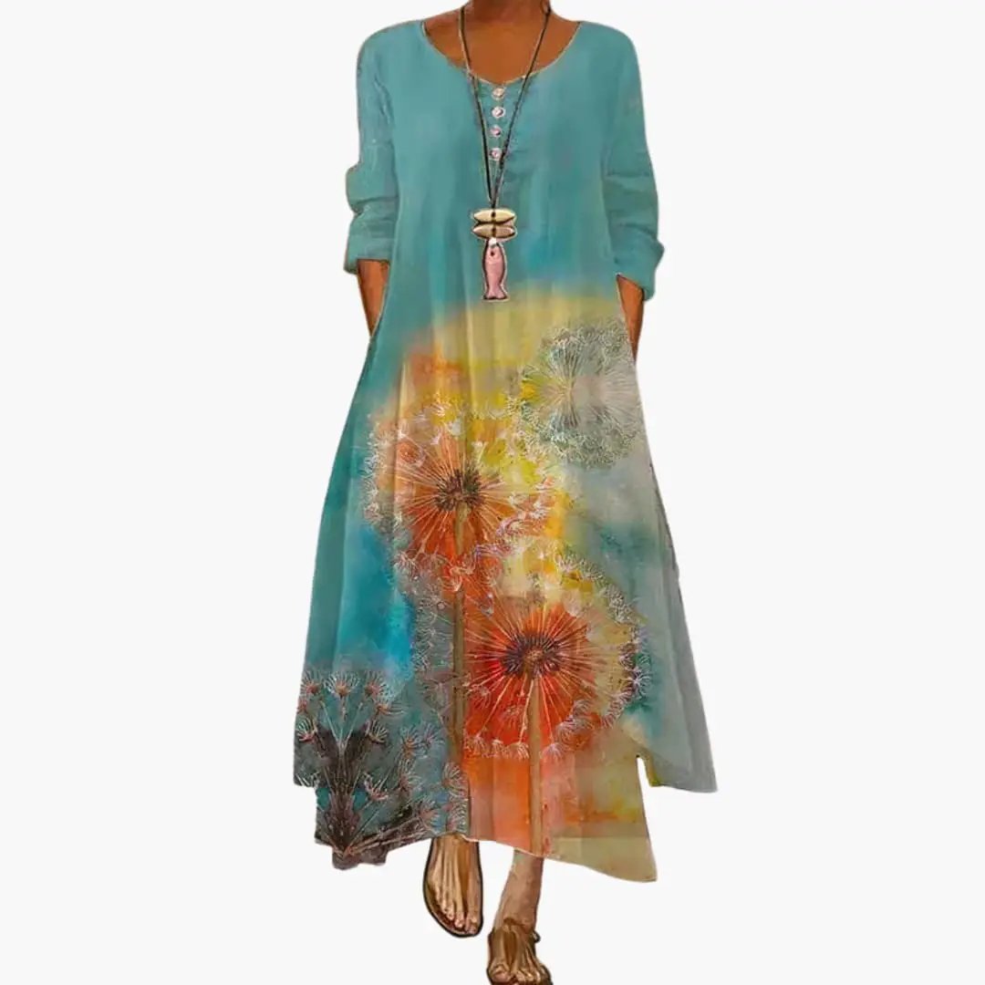 Women’s Long Sleeve Dress with Round Neckline and Side Pockets