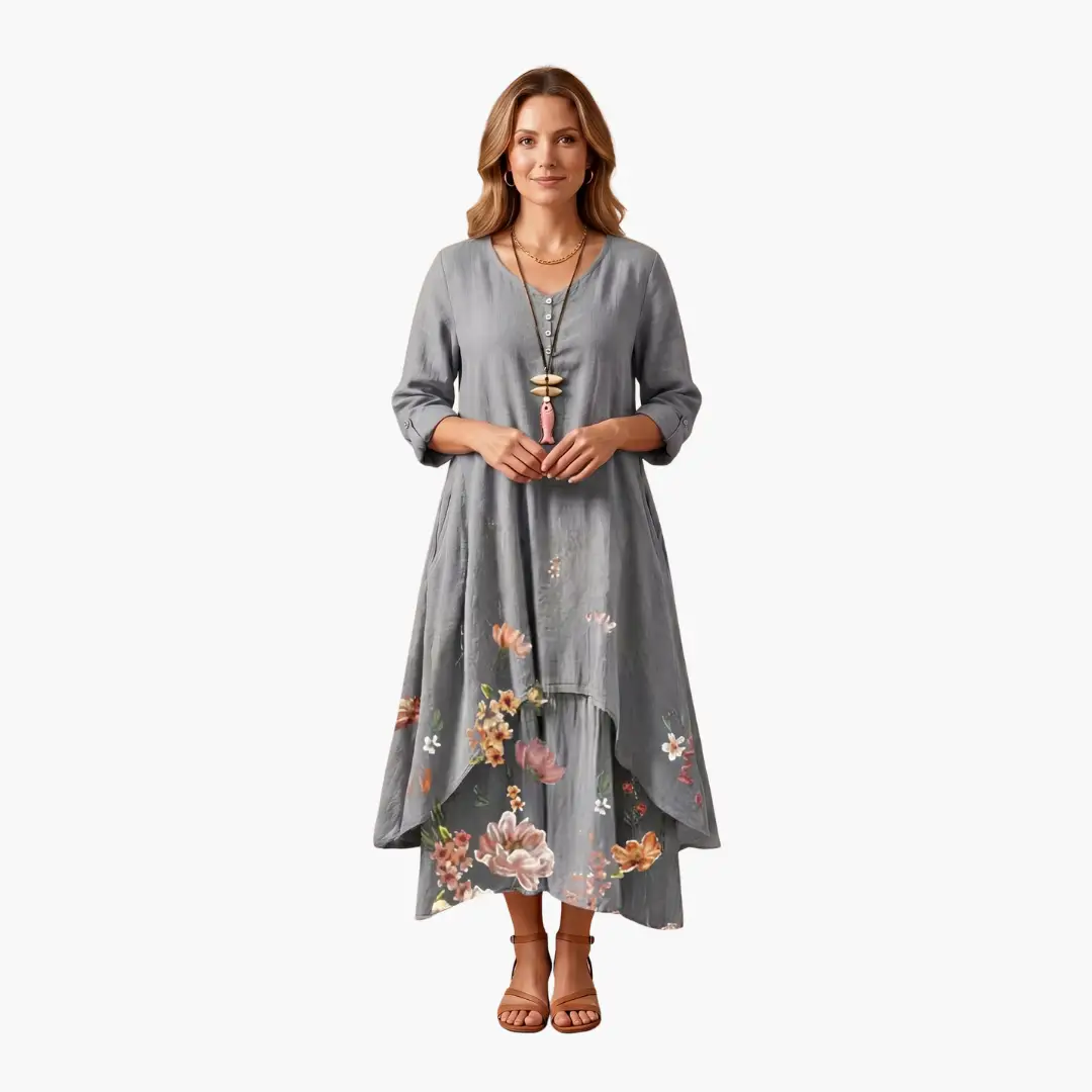 Women’s Long Sleeve Dress with Round Neckline and Side Pockets
