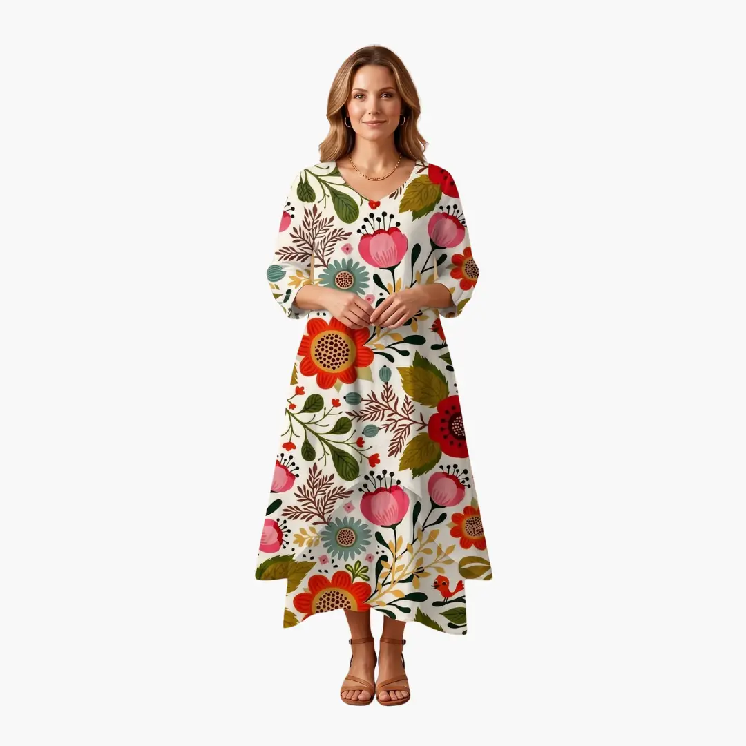 Women’s Long Sleeve Dress with Round Neckline and Side Pockets